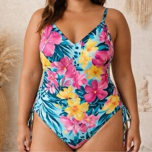 BCBG Paris Tropical Floral Ruched One Piece Plus size Swimsuit